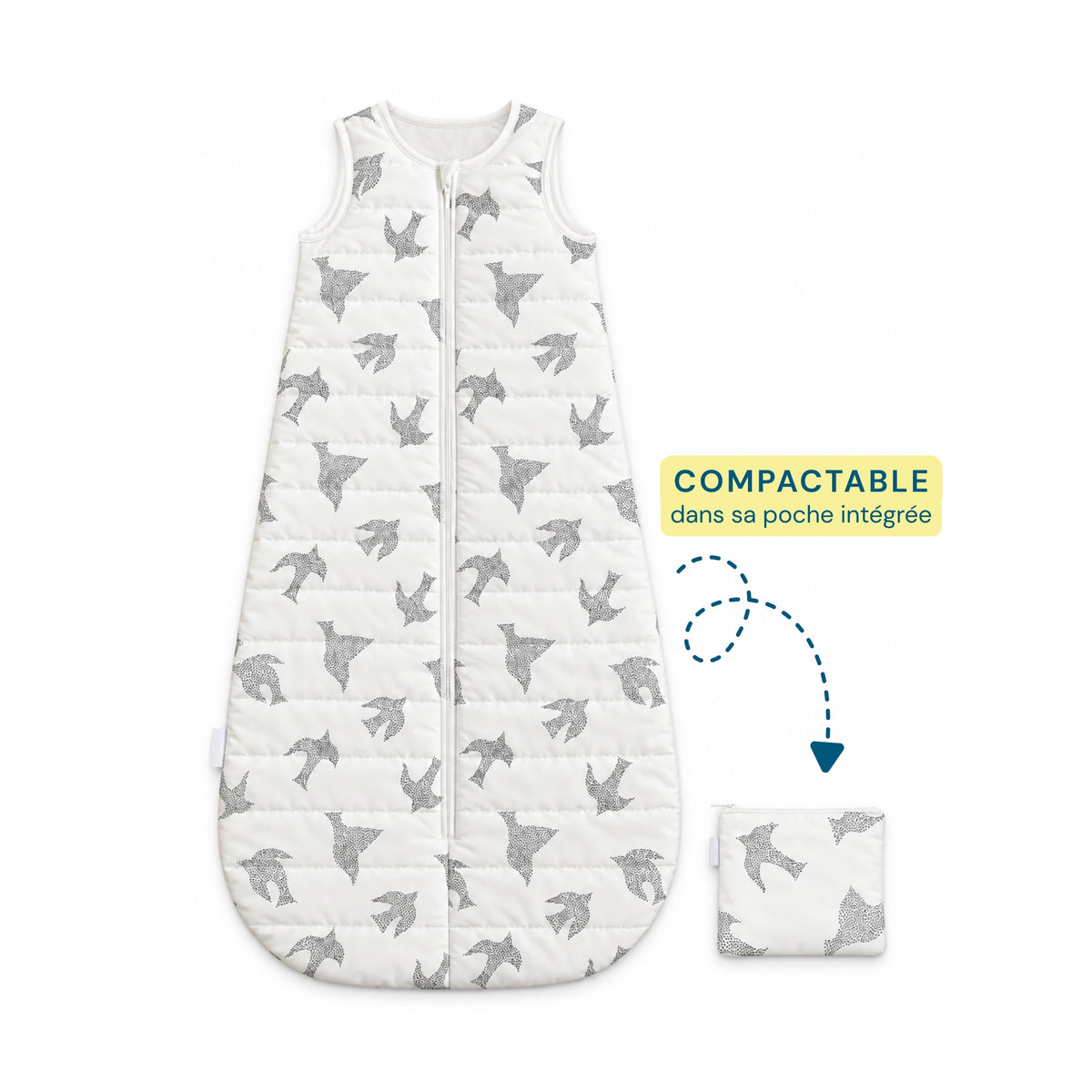 Gigoteuse de voyage Birds minimiz, motif oiseaux, compactable dans sa poche intégrée