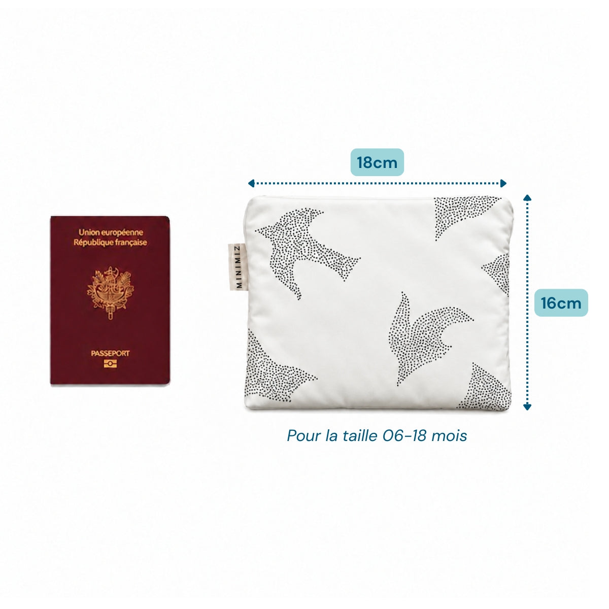 Gigoteuse Birds pliée dans son pochon de 18 x 16 cm à côté d'un passeport, idéale en avion