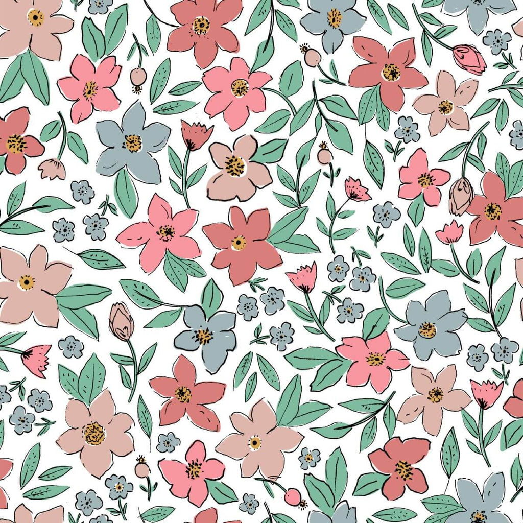 Motif Atacama de la gigoteuse de voyage minimiz : fleurs roses, bleues et feuillage vert