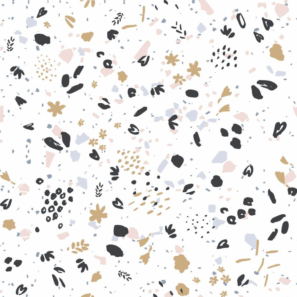 Motif Kyoto de la gigoteuse de voyage minimiz : confettis noirs, ocre et bleus sur fond écru